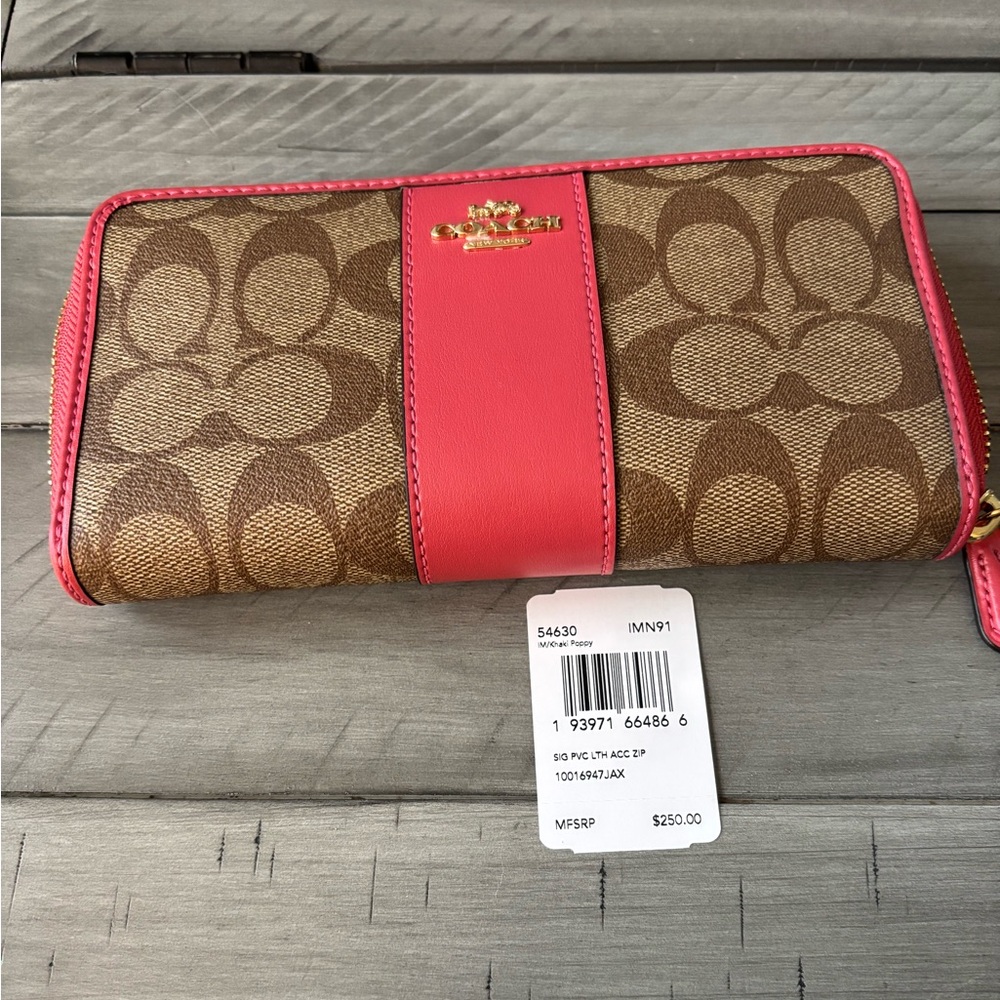 Coach Signature Accordian  Zip Wallet in Khaki and Poppy